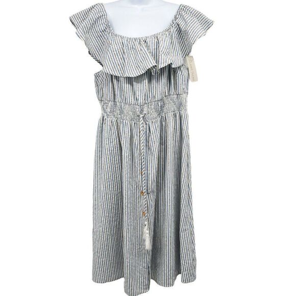 Lela Sky Striped Seersucker Cotton Linen Ruffle Plus Size Midi Dress - Picture 1 of 9